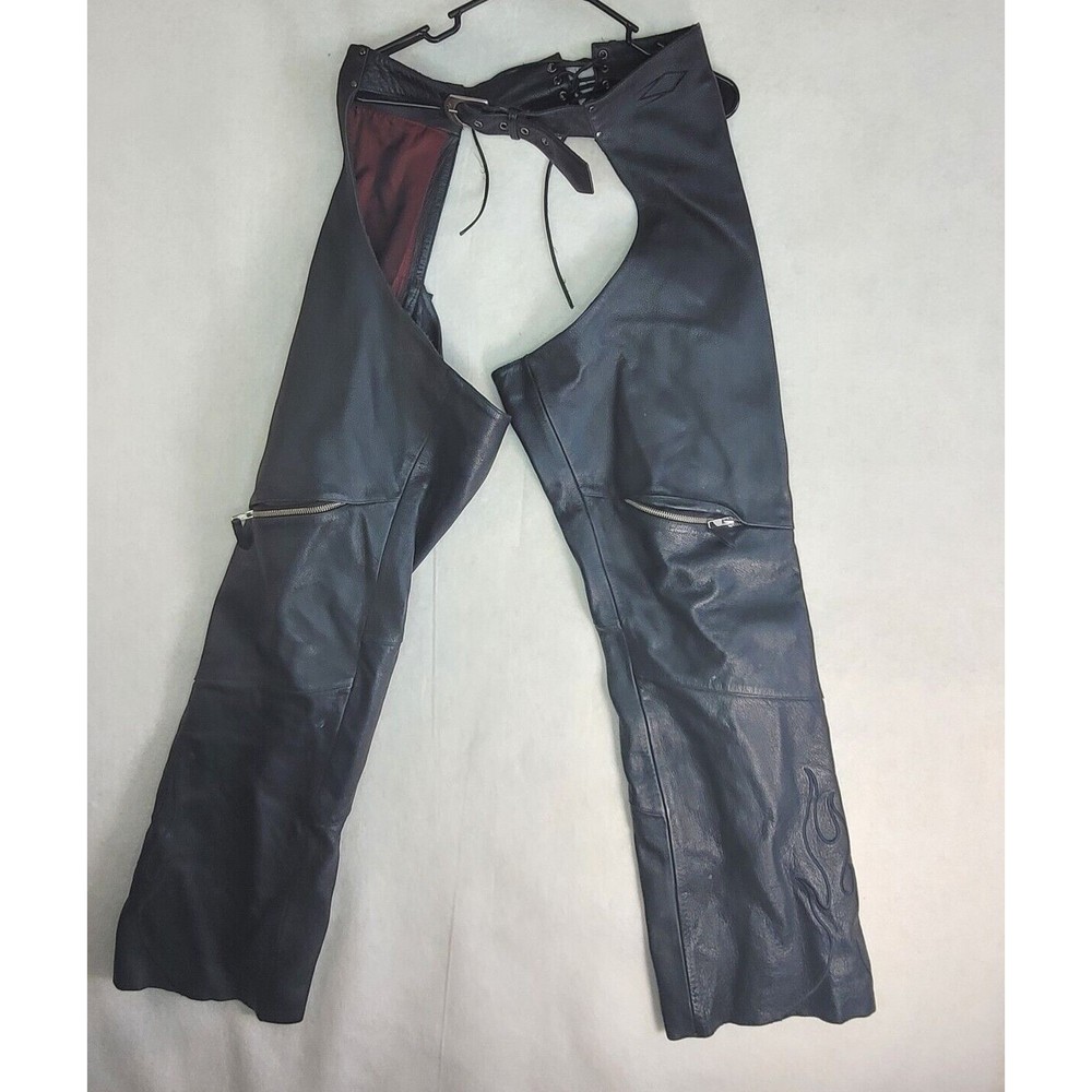 Power Trip Mens Leather Motorcycle Chaps Side Zip Size Medium Lace Up & Buckle